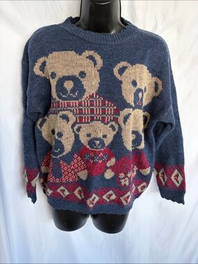 Vtg Adele Retro 80's Bear Family Sweater, sz L, Blue & Red, 21” PTP, 25” L